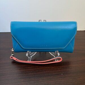 Lodis Audrey Blue & Coral Leather Wristlet Phone Wallet Detachable Strap New